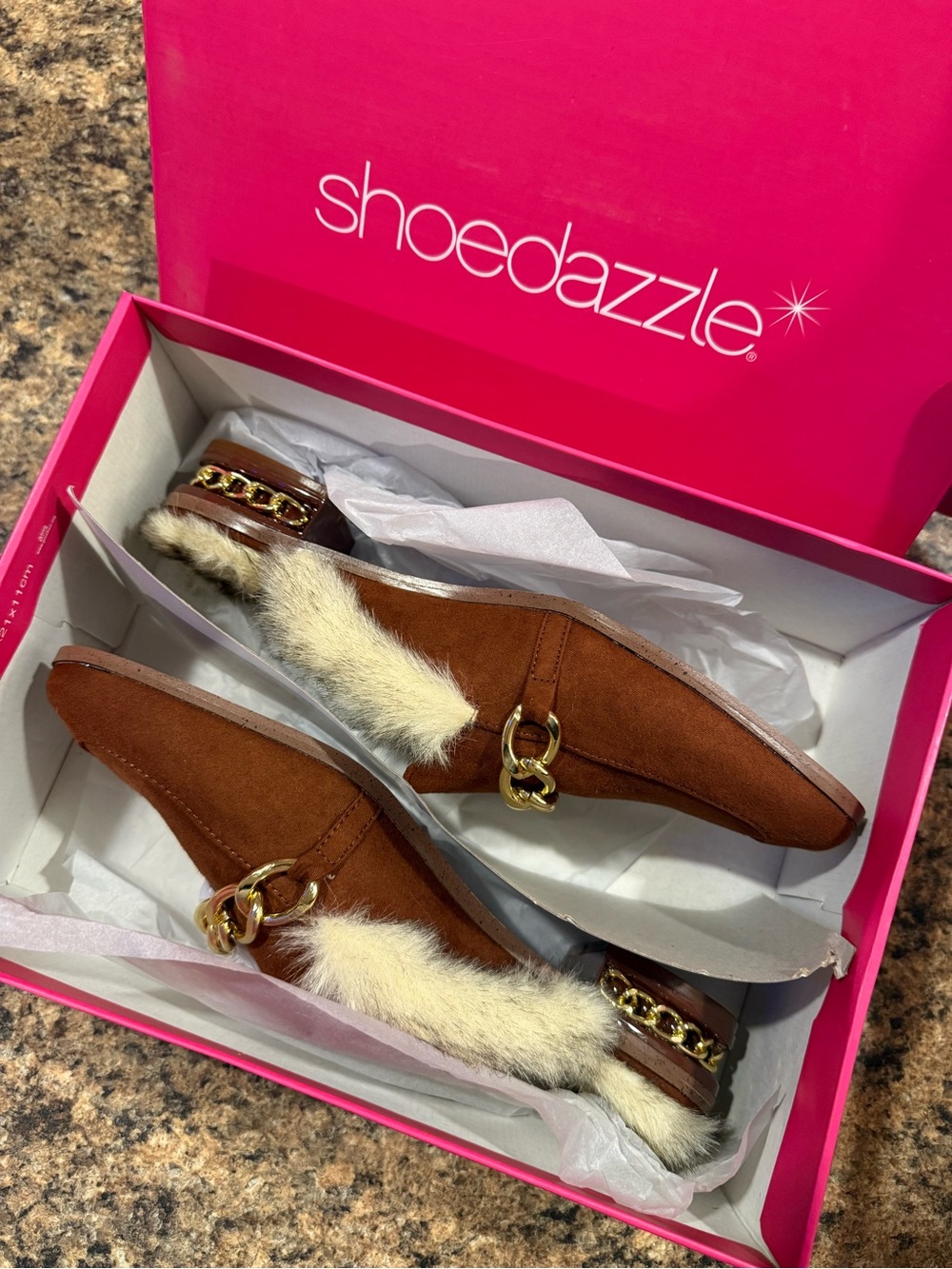 Shoe Dazzle Brown Suede Fur-Trim Chain Mules